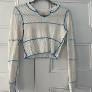 BDG White Long Sleeve Crop Top with Blue Stitching